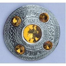 Celtic Brooch Yellow Stone Silver 4 inches /Scottish Kilt Fly Plaid Brooches